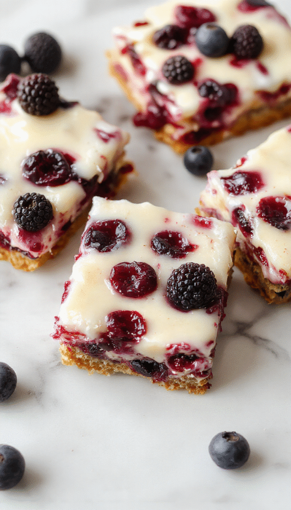 A close-up of vibrant blueberry cream cheese bars with a golden-brown crust topped with glossy blueberries and a swirl of creamy cheese filling, presented on a rustic wooden platter with a dusting of powdered sugar.