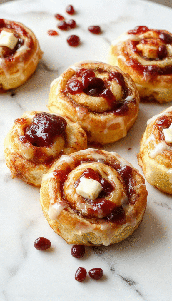 Colorful swirl buns on a rustic wooden platter, showcasing golden-brown crust with creamy cheese and vibrant red currant jam swirls, topped with powdered sugar, styled with fresh herbs in the background