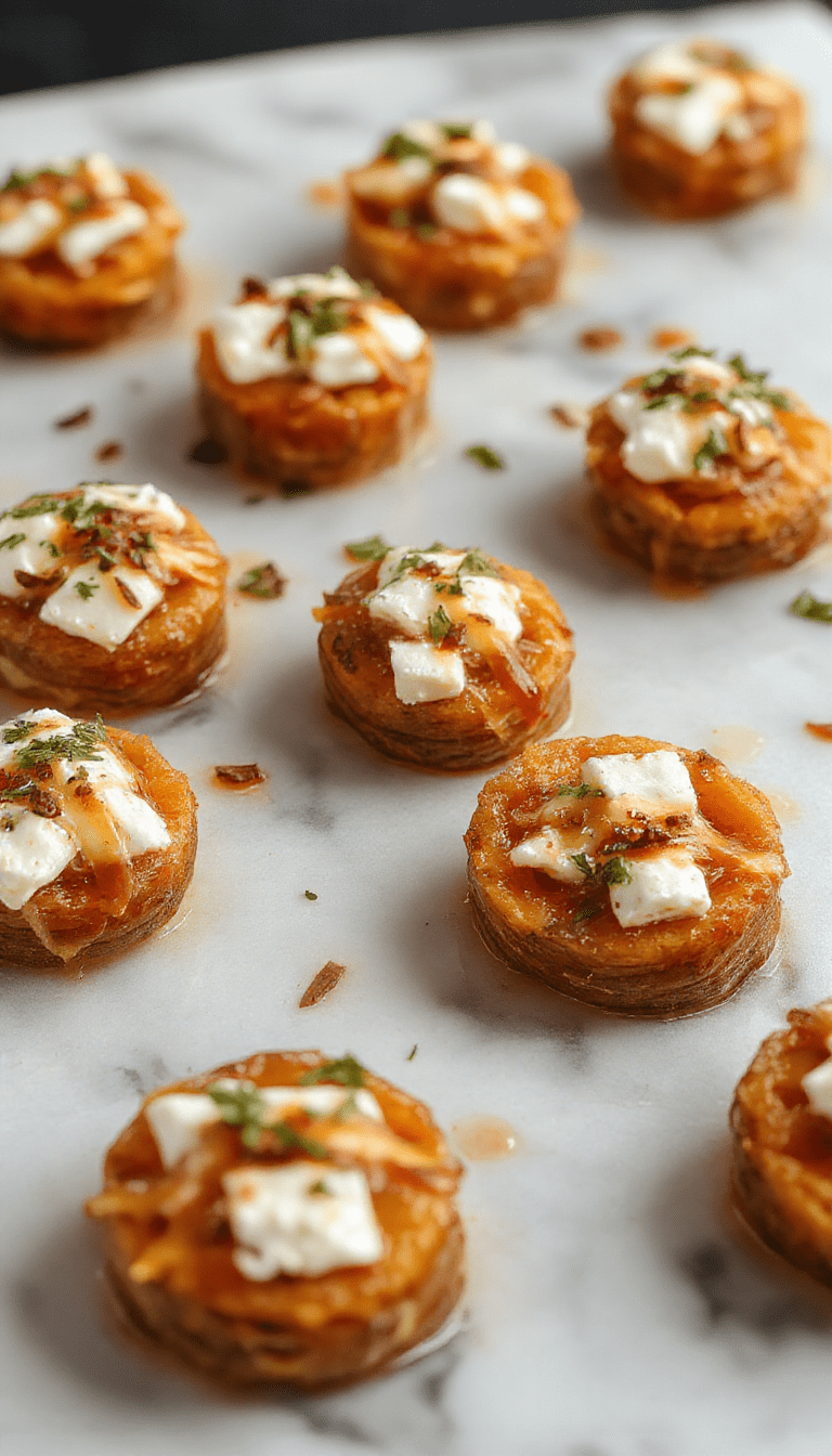 Colorful roasted sweet potato rounds arranged on a white plate topped with crumbled feta cheese and drizzled with honey, garnished with fresh herbs, vibrant orange sweet potatoes with crispy edges and soft centers, styled with a rustic background and natural lighting emphasizing textures.