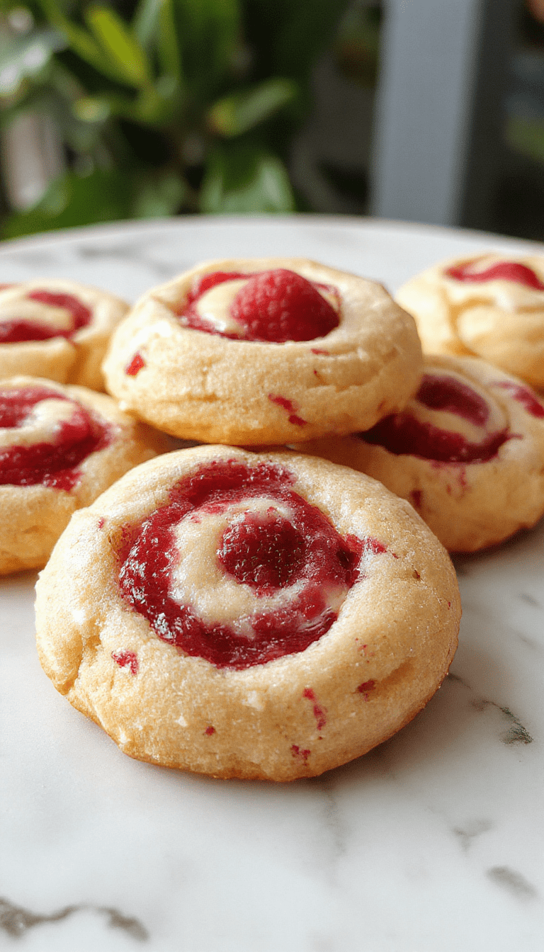 A close-up of vibrant raspberry swirl cookies on a rustic wooden platter, showcasing their golden-brown edges, swirled raspberry filling, and crumbly texture, styled with fresh raspberries and mint leaves for an inviting presentation.