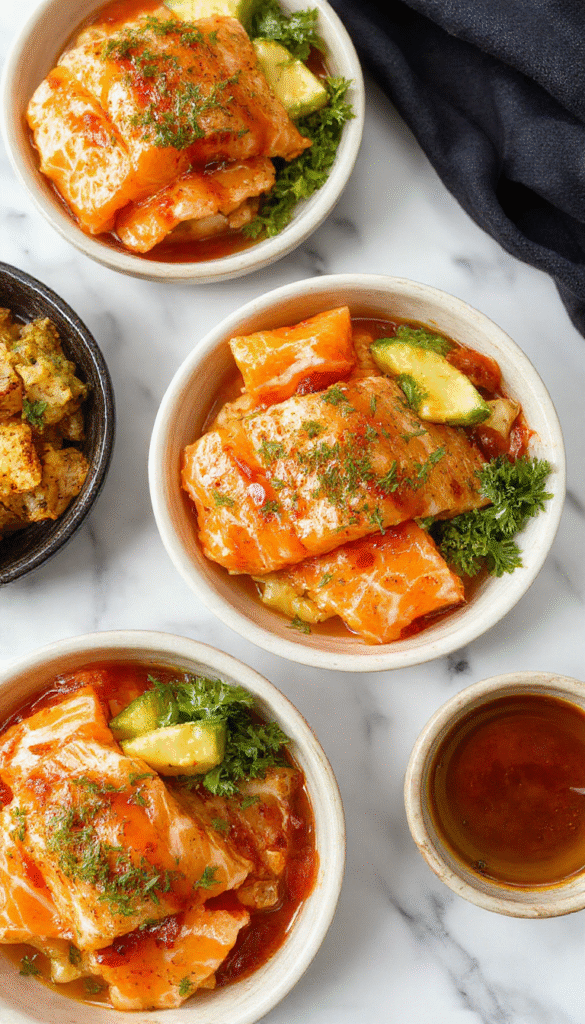 A vibrant bowl featuring perfectly cooked salmon glazed with honey and sriracha sauce, garnished with sesame seeds and green onions. The salmon rests atop a bed of fluffy white rice, with colorful vegetables and a drizzle of extra sauce. The presentation is clean and enticing, emphasizing the glossy, tender texture of the fish and the bright, spicy flavor profile.