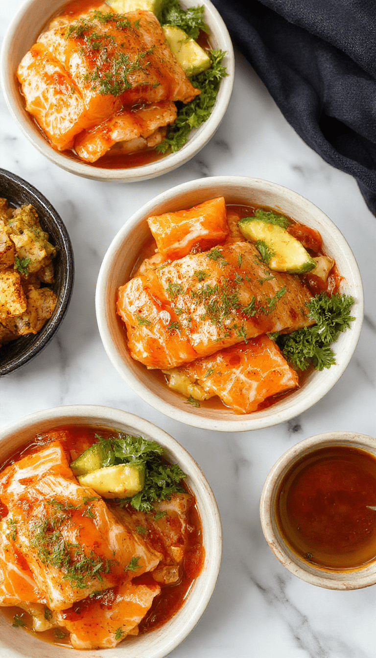 A vibrant bowl featuring perfectly cooked salmon glazed with honey and sriracha sauce, garnished with sesame seeds and green onions. The salmon rests atop a bed of fluffy white rice, with colorful vegetables and a drizzle of extra sauce. The presentation is clean and enticing, emphasizing the glossy, tender texture of the fish and the bright, spicy flavor profile.