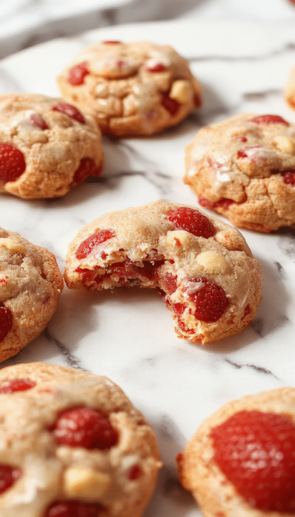 Colorful plate of golden-brown strawberry crunch cookies topped with vibrant red strawberry pieces and crunchy coating, styled on a white rustic table with soft natural lighting