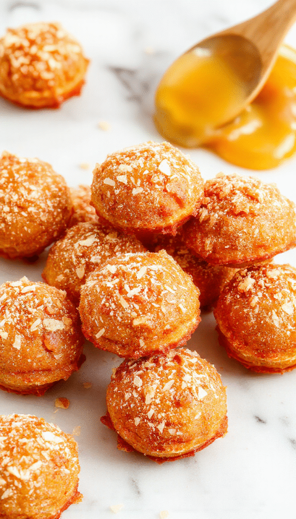 A close-up of golden brown baked churro bites arranged on a white plate, dusted with cinnamon sugar. The bites have a crispy exterior with a slightly glazed surface, highlighting their crunchy texture. The background features a rustic wooden table with a small bowl of melted chocolate and scattered cinnamon sugar, giving a warm and inviting ambiance.