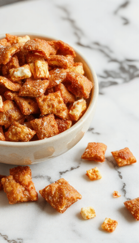 A vibrant bowl of golden-brown Toffee Chex Mix with visible chunks of melted toffee and crunchy cereal pieces, garnished with a drizzle of chocolate and sprinkled with sea salt, styled on a rustic wooden surface with a scoop and scattered ingredients around.
