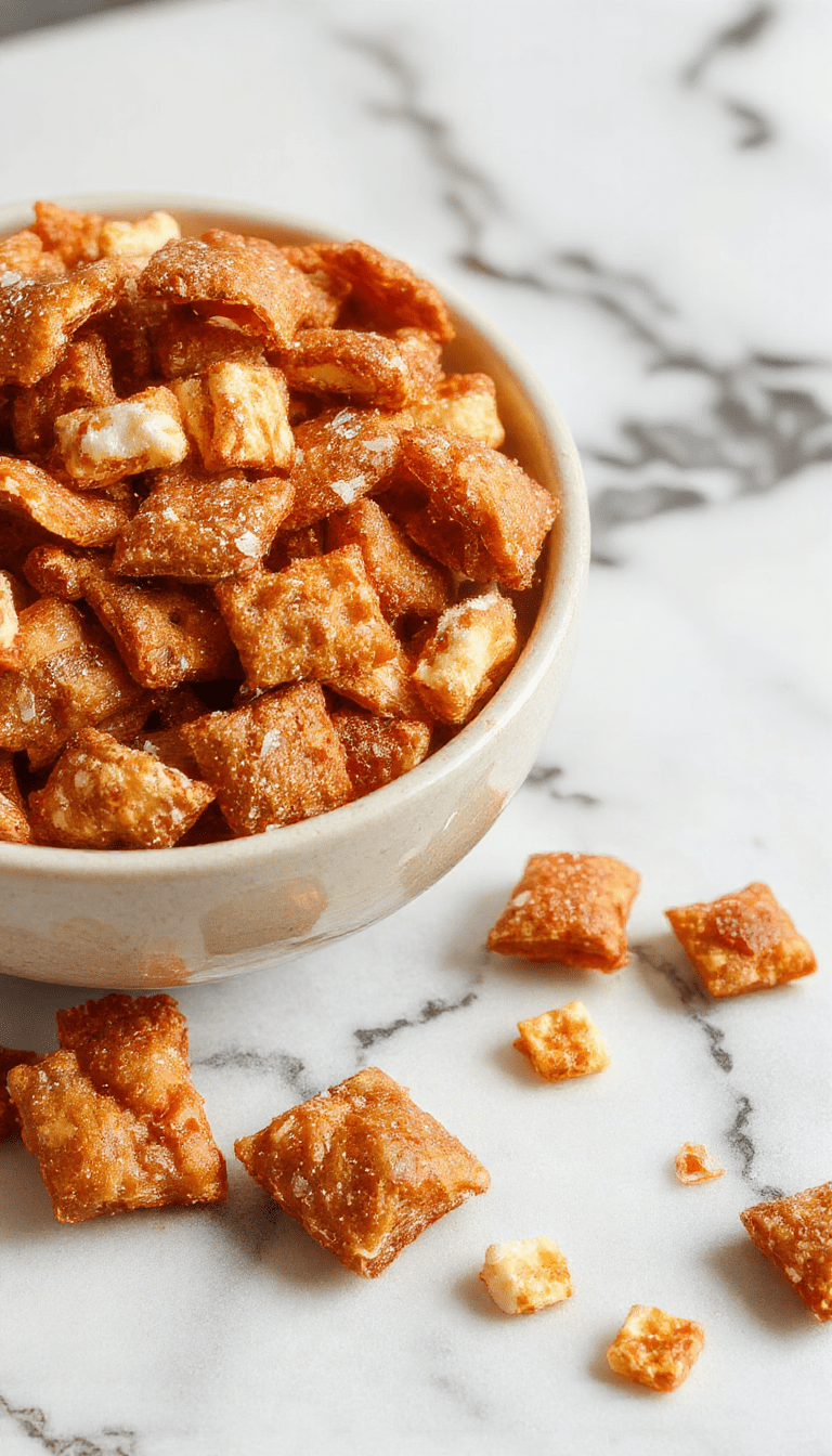 A vibrant bowl of golden-brown Toffee Chex Mix with visible chunks of melted toffee and crunchy cereal pieces, garnished with a drizzle of chocolate and sprinkled with sea salt, styled on a rustic wooden surface with a scoop and scattered ingredients around.
