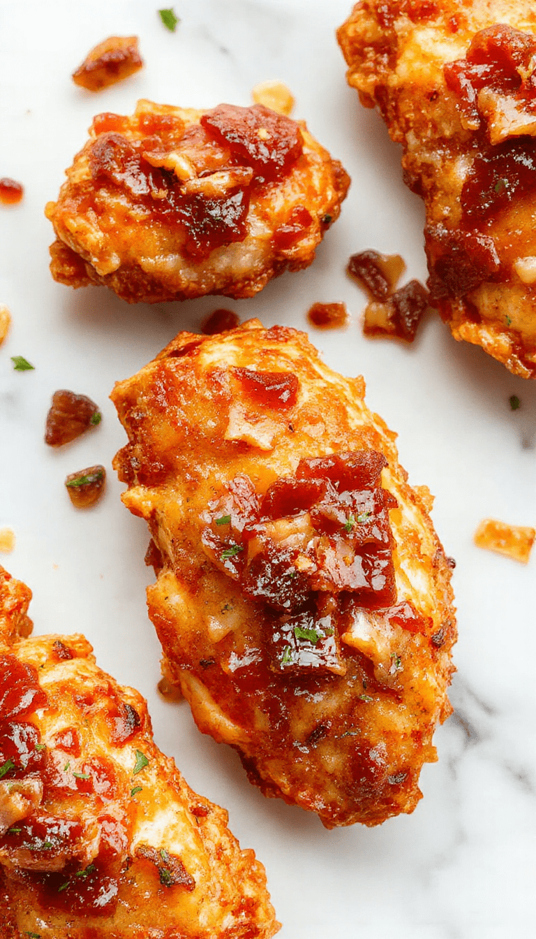 Colorful close-up of golden-brown chicken tenders glazed with caramelized bacon and brown sugar, garnished with chopped herbs on a rustic plate with crispy edges and glossy sauce.