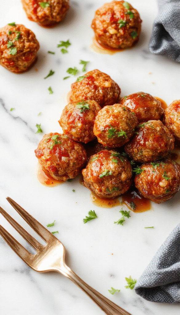 Colorful plate of golden-brown turkey meatballs glazed with glossy honey garlic sauce, garnished with chopped green onions, served on a white ceramic plate with a side of steamed vegetables, vibrant and appetizing presentation highlighting the tender texture and savory glaze