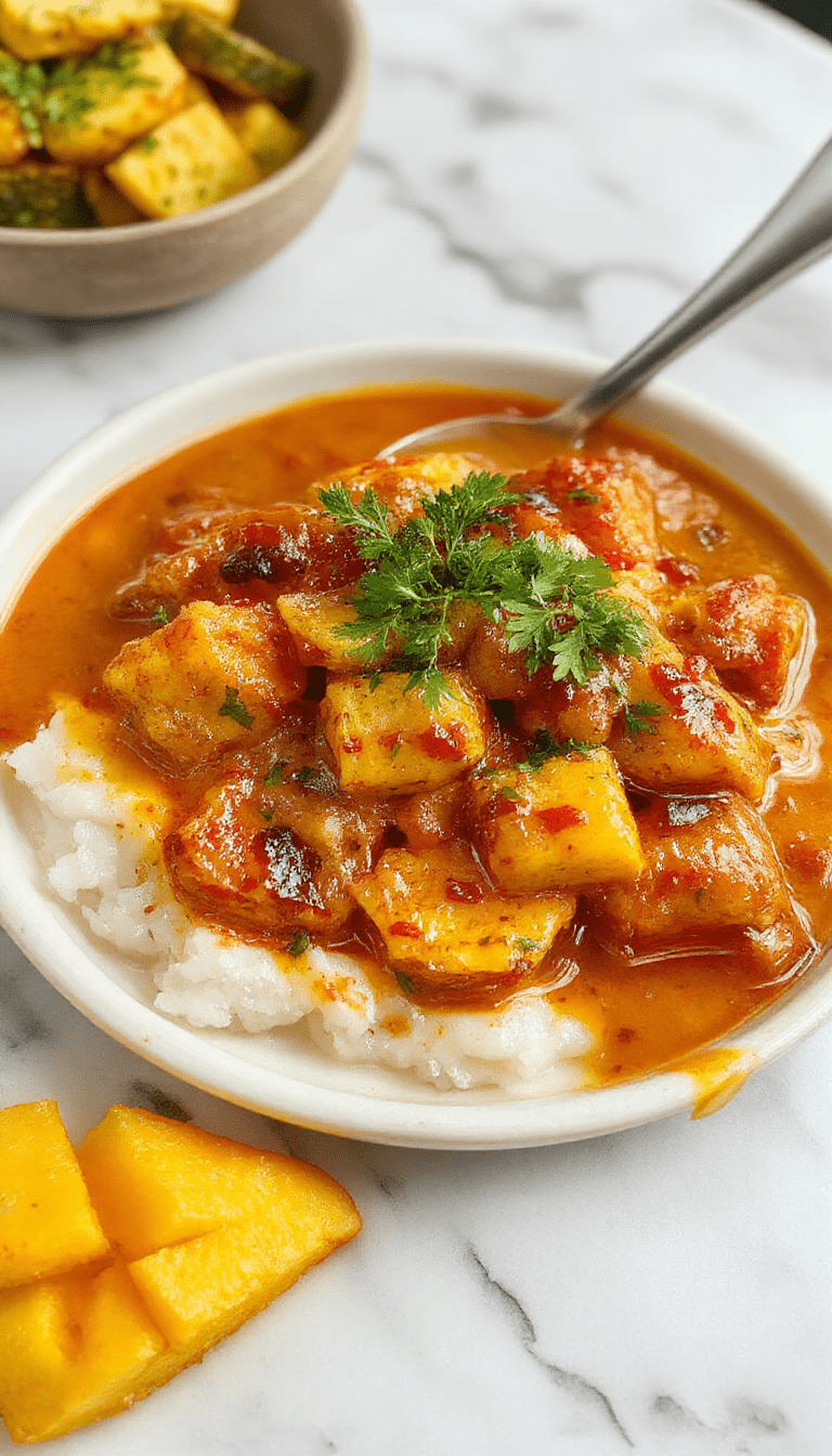 Vibrant mango chicken curry plated beautifully on a white dish, showcasing golden-brown chicken pieces coated in a rich, orange-yellow curry sauce with visible chunks of ripe mango, garnished with fresh cilantro and a sprinkle of red chili flakes, set against a rustic wooden table with a side of steamed rice.