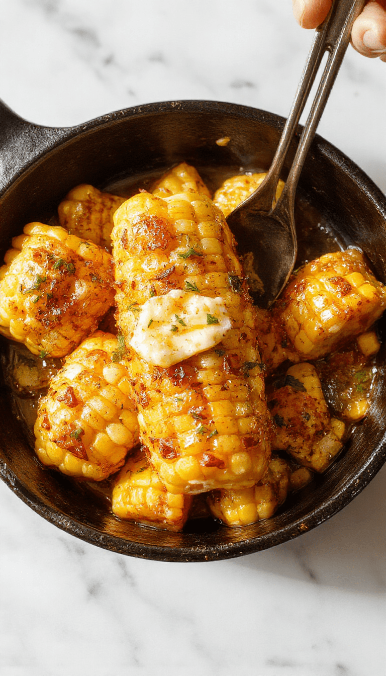 A vibrant plate showcasing golden-yellow skillet corn topped with melting honey butter, garnished with fresh herbs, with a rustic wooden background and a drizzle of honey on the side
