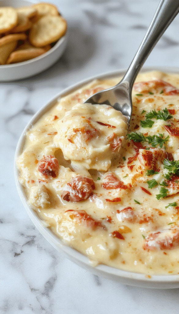 A vibrant dish featuring a bubbling, golden-brown cheese layer topped with chopped green onions and savory sausage bits, served in a clear glass bowl on a rustic wooden table with colorful tortilla chips arranged around the edges.