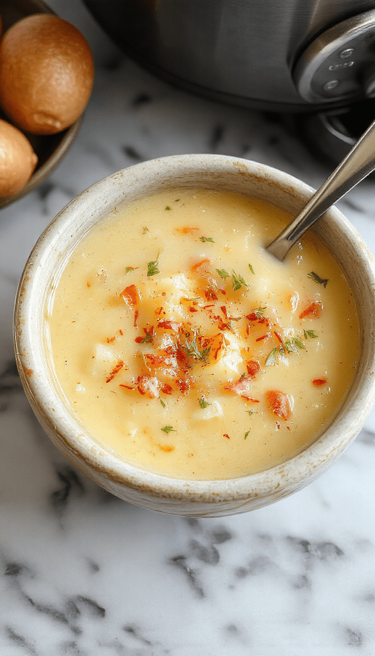A warm bowl of Polish potato soup topped with fresh herbs and a dollop of sour cream. The creamy texture of the soup contrasts with the chopped green onions and crispy bacon bits, all elegantly presented in a rustic bowl on a wooden table with a spoon resting beside. Bright natural lighting highlights the velvety smoothness and inviting colors of the dish.