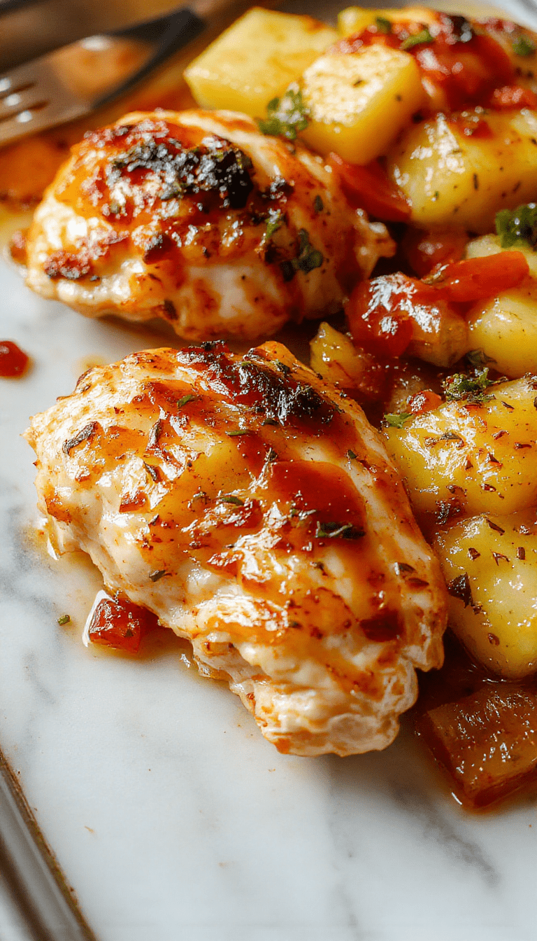 Colorful sheet pan Hawaiian chicken dish featuring golden-brown chicken breasts topped with juicy pineapple chunks, vibrant red and yellow peppers, and green herbs, arranged neatly on a rustic wooden platter with a backdrop of tropical leaves, highlighting the flavorful and fresh ingredients with a glossy glaze and enticing textures.