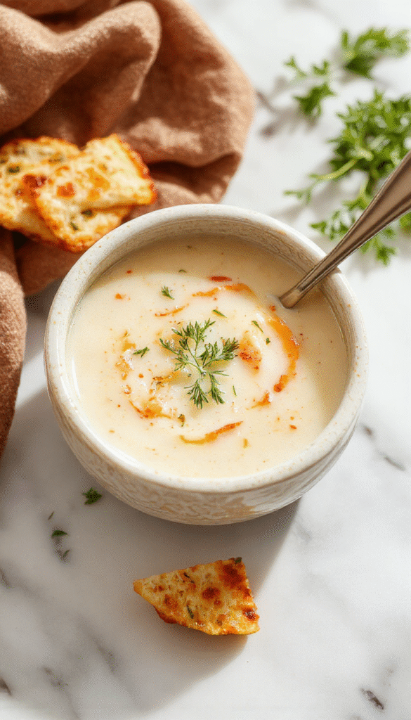 A vibrant bowl of Tuscan Parmesan Cream Soup featuring a creamy white base topped with golden toasted Parmesan crumbles and fresh herbs, served in a rustic white bowl on a dark wooden table with a sprig of basil and a crusty bread slice beside it, capturing the rich textures and inviting warm tones.