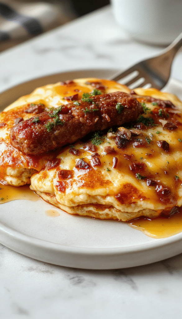 Colorful breakfast casserole topped with golden crispy sausage slices, fluffy pancake mixture, melted cheese, and fresh herbs arranged in a baking dish.