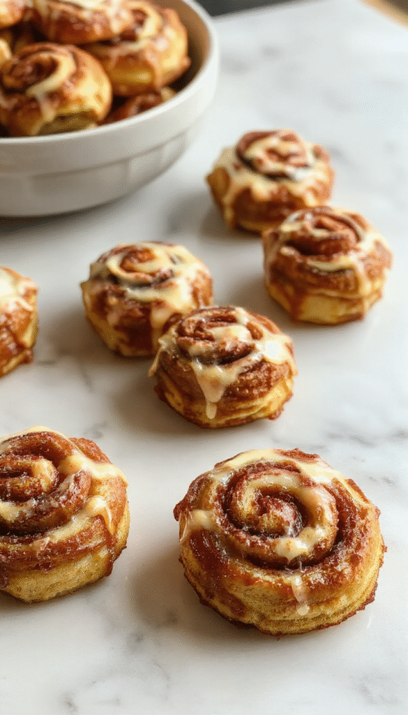 Colorful plate of golden-brown cinnamon roll French toast bites topped with icing drizzle and a sprinkle of cinnamon, served on a white ceramic plate garnished with fresh berries and mint, with a blurred breakfast setting background