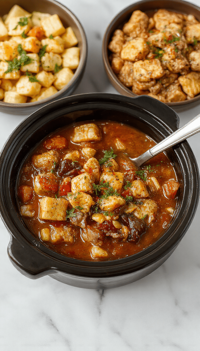 Colorful platter featuring hearty crockpot stews and casseroles, with steaming bowls of beef and vegetable dishes, garnished with fresh herbs, showcasing thick textures and tender ingredients styled on rustic wooden surfaces with warm lighting.