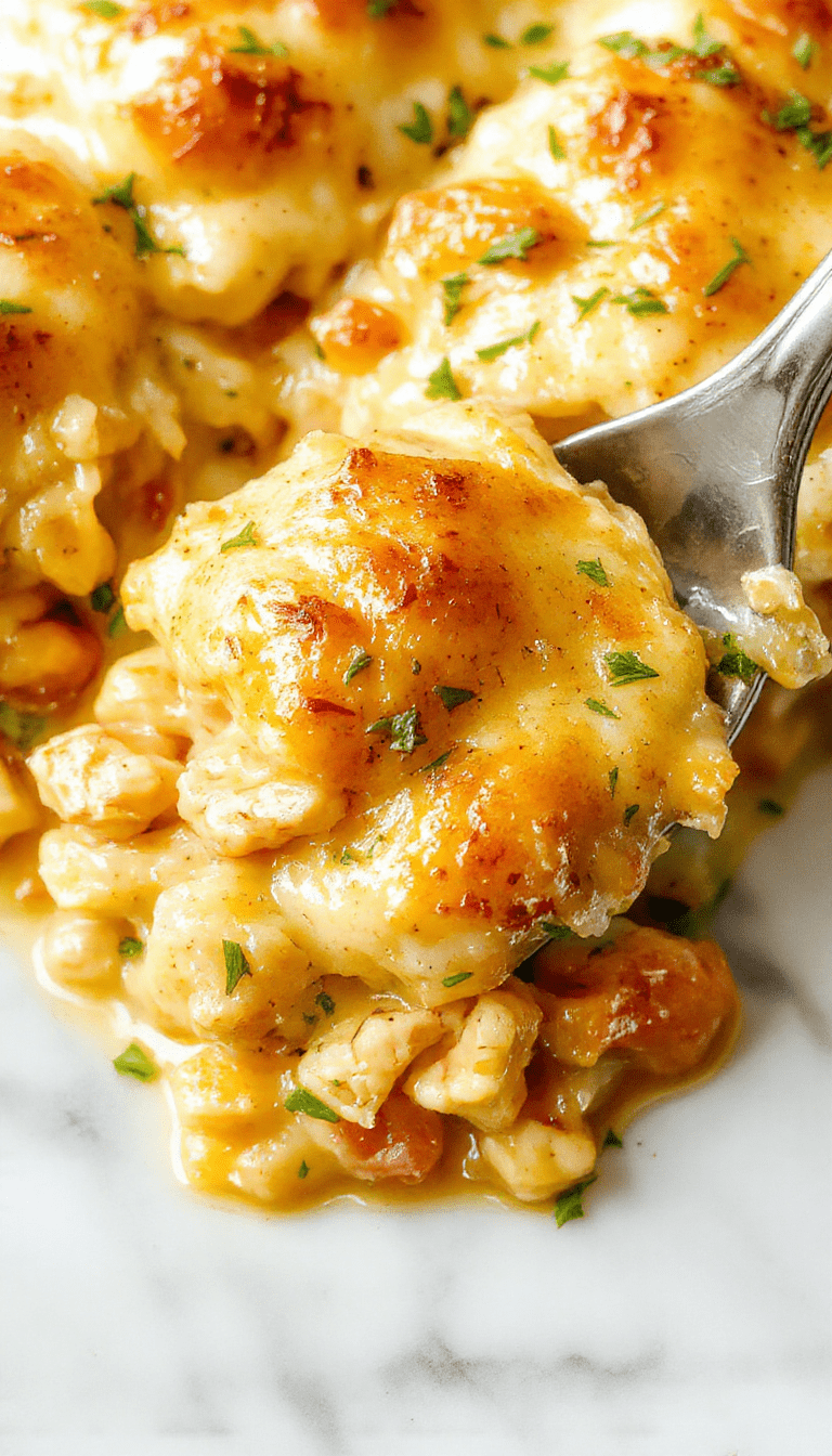A golden-brown chicken pot pie casserole served in a rustic baking dish, topped with flaky pastry crust and garnished with fresh herbs, surrounded by vibrant vegetables and a creamy interior