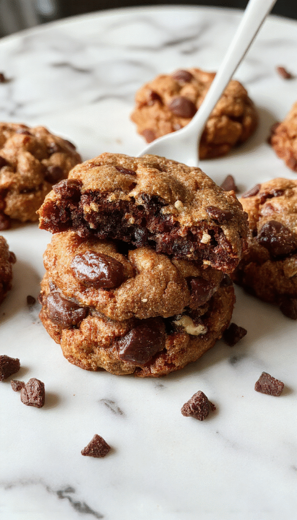 A close-up image of a layered fudgy and chewy brookies bar with crackled shiny chocolate top, densely textured cookies and brownie layers, golden edges on a rustic wooden surface, garnished with a sprinkle of sea salt and chocolate chips, styled with a fork, vibrant lighting highlighting textures and rich chocolate color