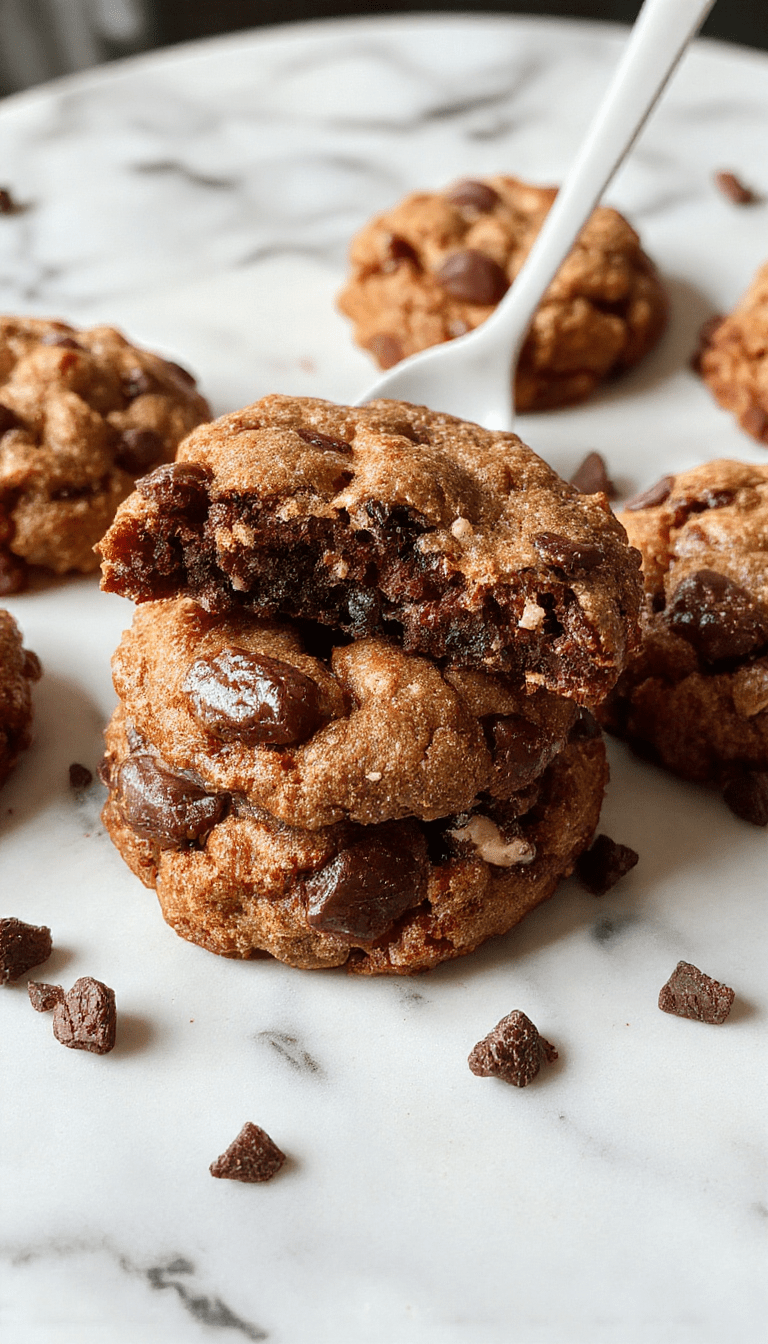 A close-up image of a layered fudgy and chewy brookies bar with crackled shiny chocolate top, densely textured cookies and brownie layers, golden edges on a rustic wooden surface, garnished with a sprinkle of sea salt and chocolate chips, styled with a fork, vibrant lighting highlighting textures and rich chocolate color