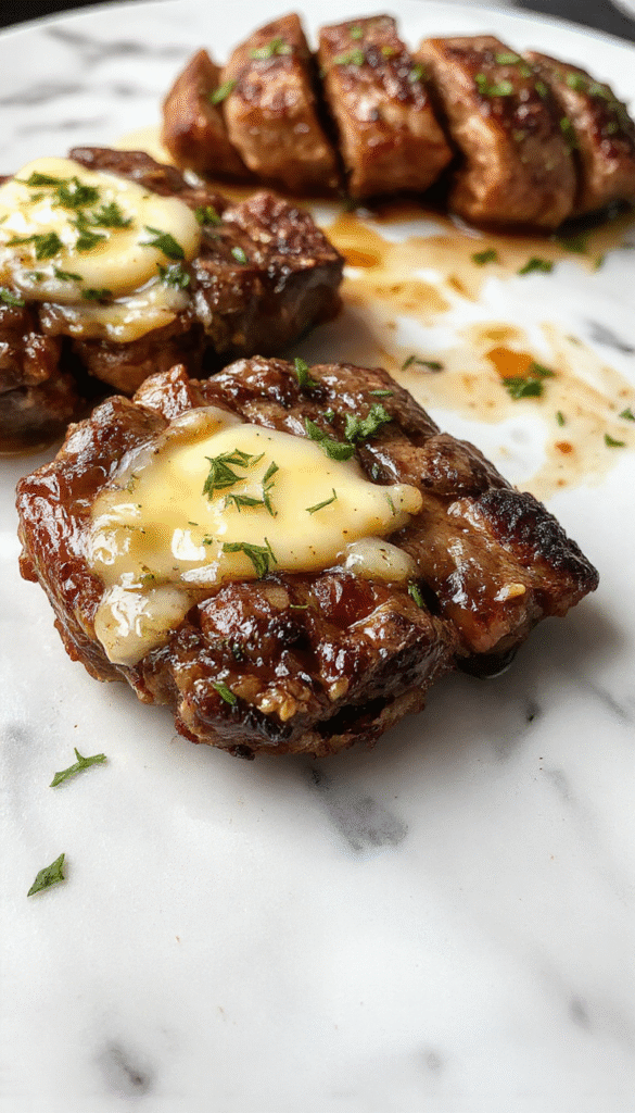 A perfectly cooked garlic butter steak sits on a rustic wooden plate, topped with fresh parsley and a drizzle of garlic-infused butter, showcasing a caramelized, juicy interior with a crispy, seared crust, garnished with lemon wedges and herbs, styled with a background of herbs and spices for an inviting, savory presentation.