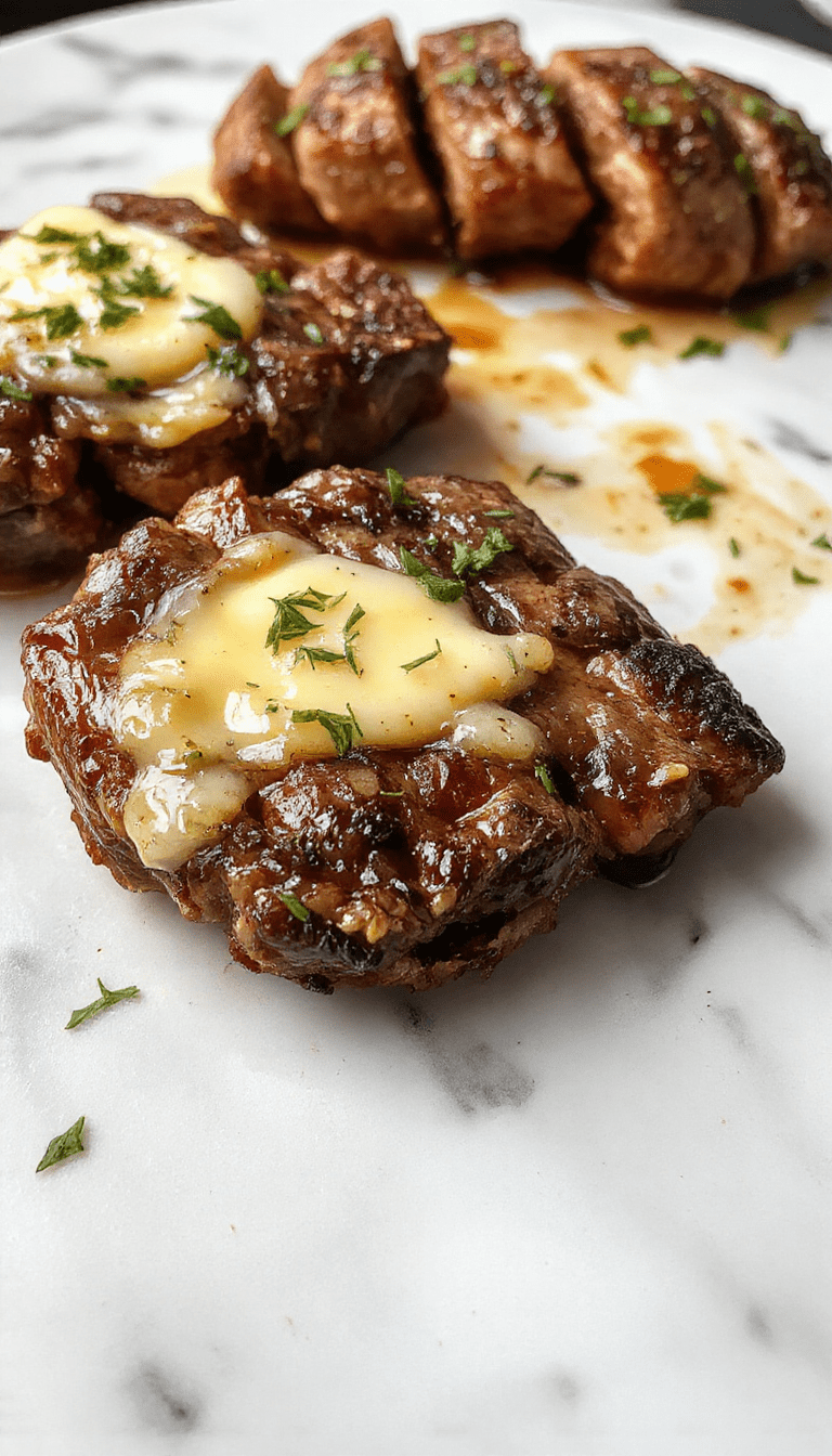 A perfectly cooked garlic butter steak sits on a rustic wooden plate, topped with fresh parsley and a drizzle of garlic-infused butter, showcasing a caramelized, juicy interior with a crispy, seared crust, garnished with lemon wedges and herbs, styled with a background of herbs and spices for an inviting, savory presentation.