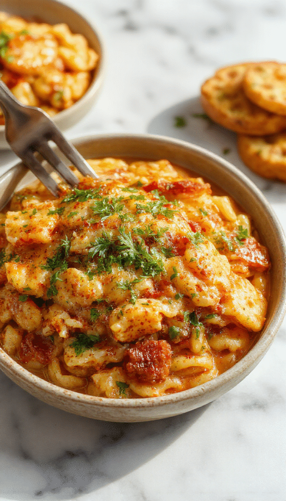 A vibrant plate of creamy orzo pasta garnished with fresh herbs and cherry tomatoes, served in a rustic white bowl on a wooden table, with a drizzle of olive oil and a sprinkle of parmesan cheese, showcasing rich textures and inviting colors.