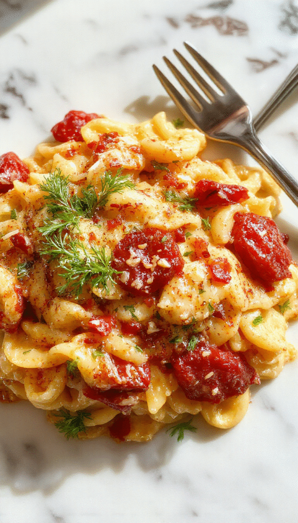 A vibrant plate of creamy orzo pasta garnished with fresh herbs, cherry tomatoes, and grated cheese, presented on a rustic wooden table with a drizzle of olive oil.