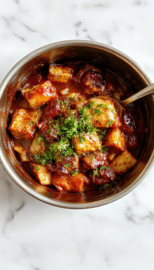 A vibrant, steaming pot of hearty comfort food with colorful ingredients peeking through a rich sauce, placed on a rustic wooden table with a garnished fresh herb topping.