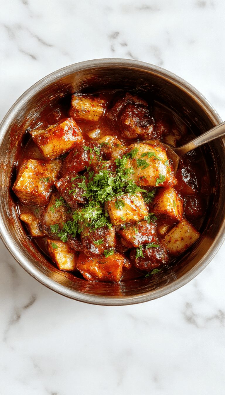 A vibrant, steaming pot of hearty comfort food with colorful ingredients peeking through a rich sauce, placed on a rustic wooden table with a garnished fresh herb topping.