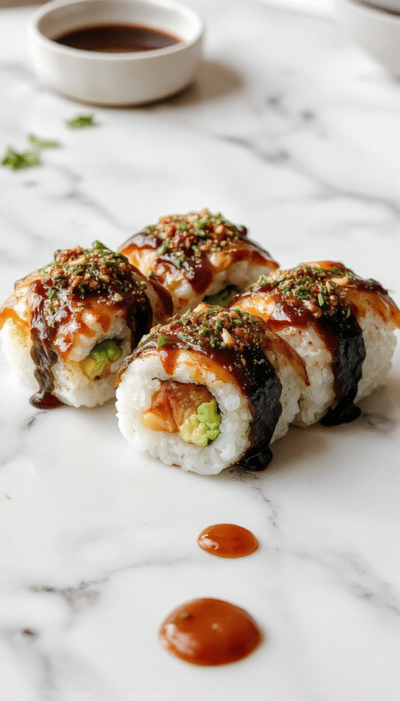 A vibrant sushi bake displayed on a white platter, featuring layers of creamy rice, colorful sliced avocado, fresh seafood, and drizzled with spicy mayo, garnished with sesame seeds and green onions, with a rustic wooden background and chopsticks nearby