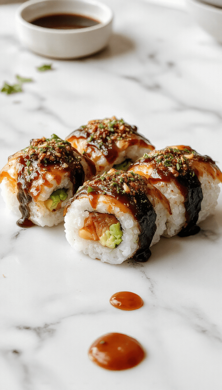A vibrant sushi bake displayed on a white platter, featuring layers of creamy rice, colorful sliced avocado, fresh seafood, and drizzled with spicy mayo, garnished with sesame seeds and green onions, with a rustic wooden background and chopsticks nearby