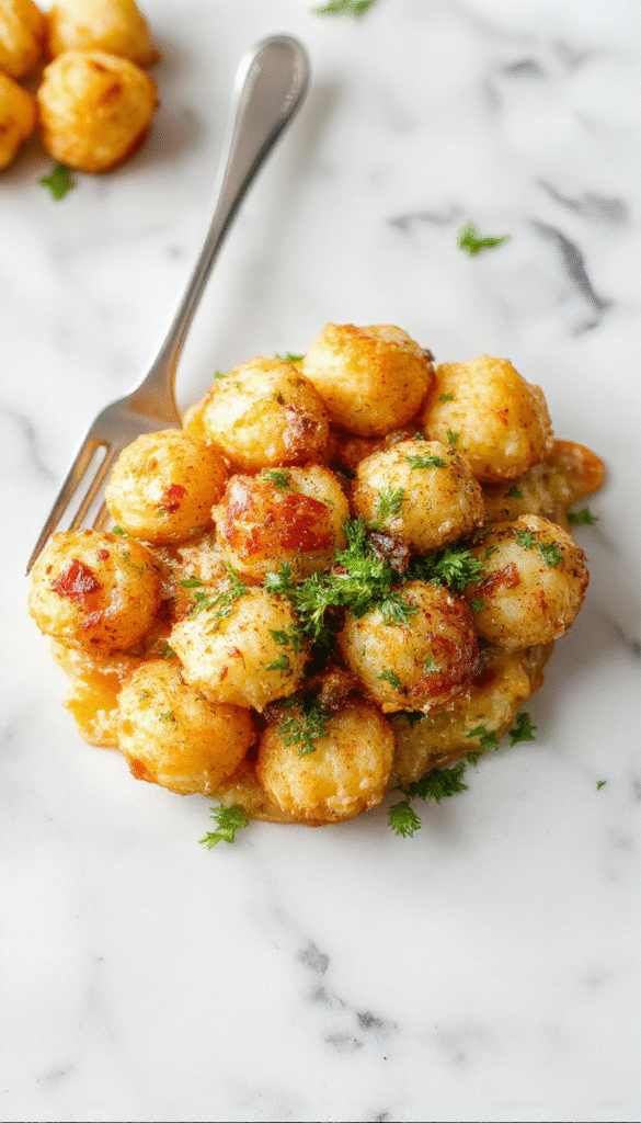A colorful, close-up overhead shot of a golden-brown tater tot casserole served in a rustic white dish, topped with melted cheese, green onions, and bacon bits. The casserole has a crispy crust with fluffy potato tots visible, surrounded by a vibrant kitchen setting with fresh ingredients and a wooden spoon.