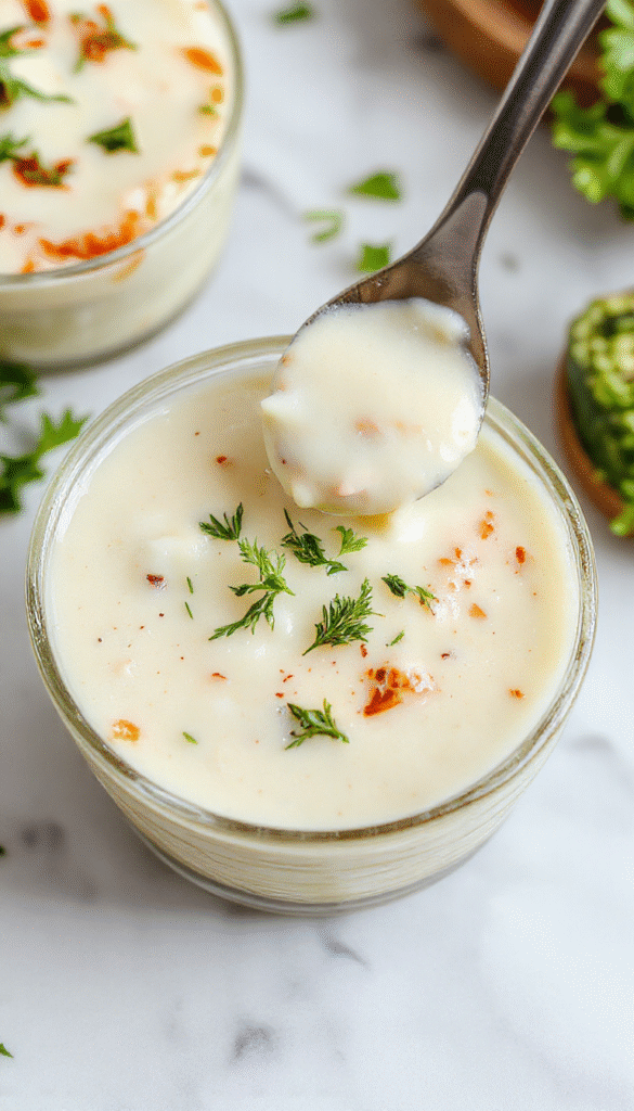 A close-up of a creamy white garlic pizza sauce spread evenly on a freshly baked golden crust, garnished with finely chopped parsley and minced garlic, styled on a rustic wooden table with fresh garlic bulbs and herbs in the background