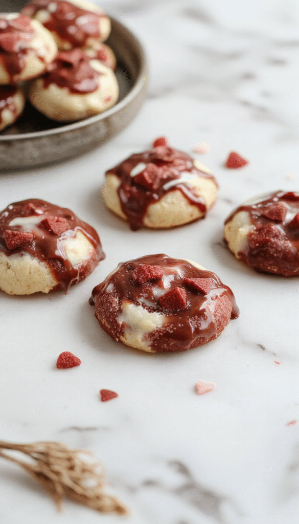 A close-up of beautifully glazed Valentine ganache cookies with rich dark chocolate topped with red and pink heart-shaped sprinkles, arranged on a white plate with a soft pink backdrop, showcasing glossy smooth ganache and a delicate crumbly cookie texture.