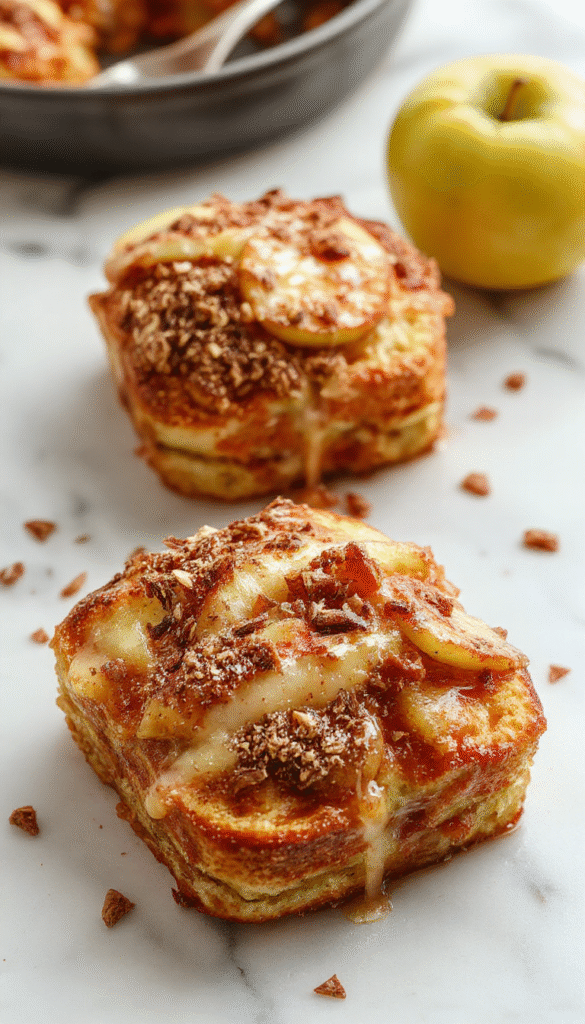 A golden baked French toast casserole topped with caramelized cinnamon apples and a crunchy crumb topping, garnished with fresh apple slices and a drizzle of syrup, styled on a rustic wooden table with soft natural lighting emphasizing the warm tones and textures.
