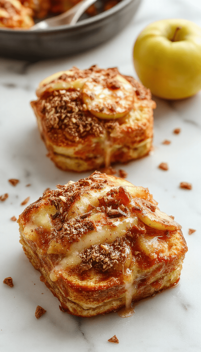 A golden baked French toast casserole topped with caramelized cinnamon apples and a crunchy crumb topping, garnished with fresh apple slices and a drizzle of syrup, styled on a rustic wooden table with soft natural lighting emphasizing the warm tones and textures.