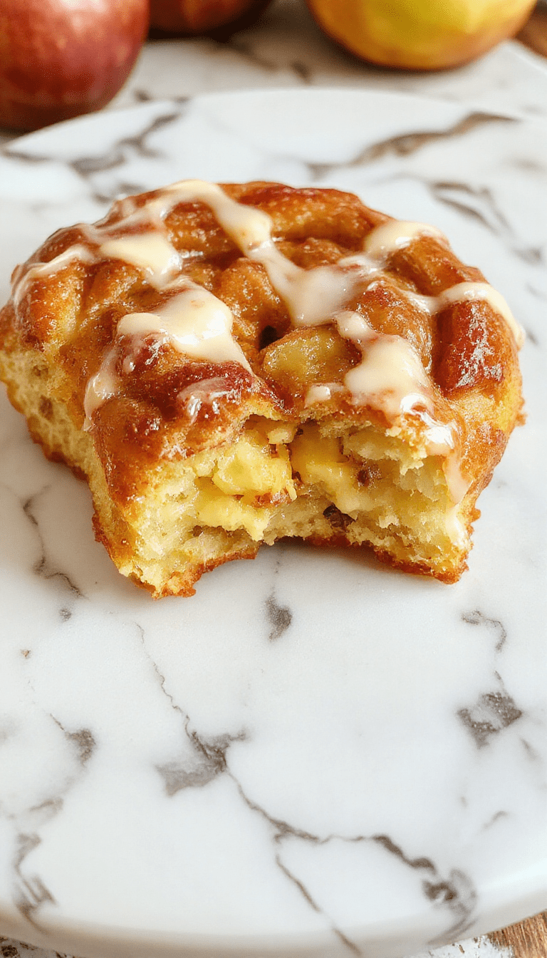 A beautifully plated apple kringle with golden-brown flaky crust topped with a glossy, creamy vanilla glaze. The spiral shape reveals tender apple filling inside, garnished with a dusting of powdered sugar and fresh apple slices. The vibrant colors of the baked pastry contrast against a rustic wooden table, styled with a sprinkle of cinnamon and vanilla bean pods for an inviting, warm presentation.