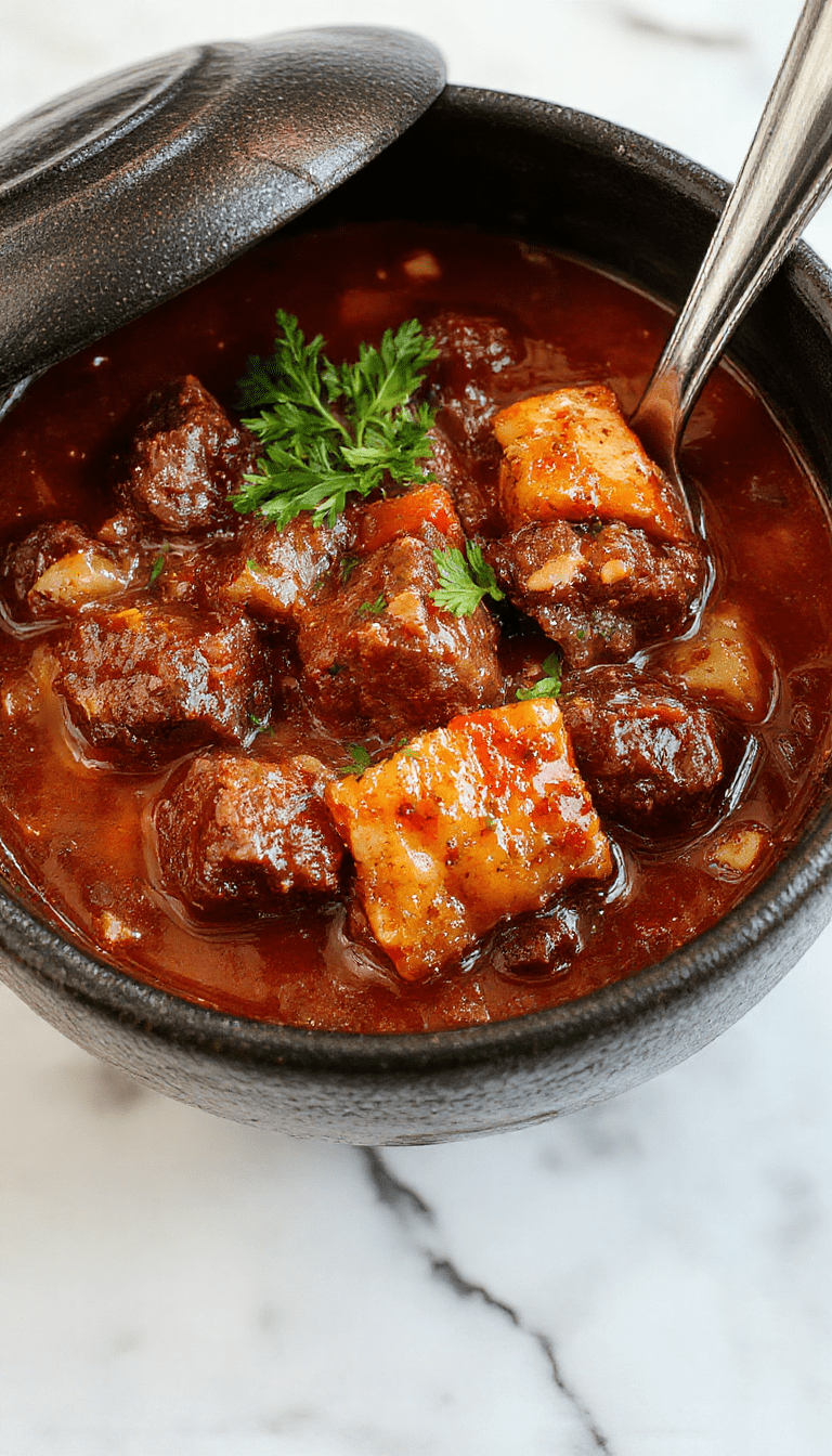 A dark cauldron-shaped pot filled with rich beef stew, garnished with fresh herbs and vegetables, set against a rustic wooden table with flickering candlelight, creating a mystical and inviting Halloween-themed presentation.