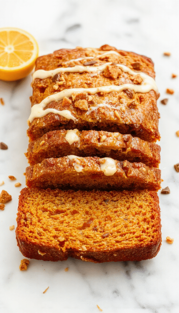 A slice of moist pumpkin bread topped with golden streusel crumbs and drizzled with a glossy orange glaze, set on a rustic wooden plate with fresh orange slices and a sprinkle of cinnamon.