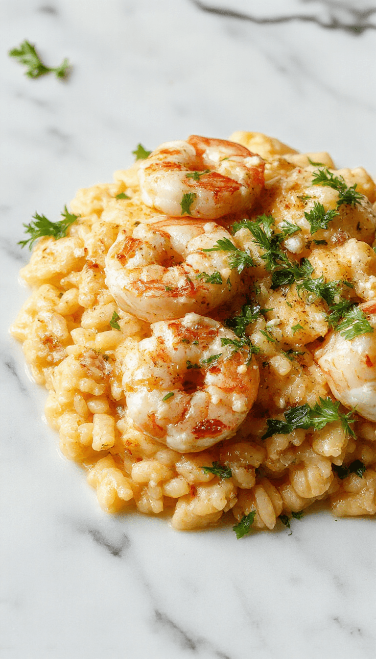 A vibrant plate featuring succulent shrimp nestled on a bed of creamy, lemon-infused orzo pasta, garnished with crumbled feta cheese and fresh herbs, showcasing bright yellow lemon slices and colorful cherry tomatoes, styled on a rustic white plate with a sprinkle of herbs on top.