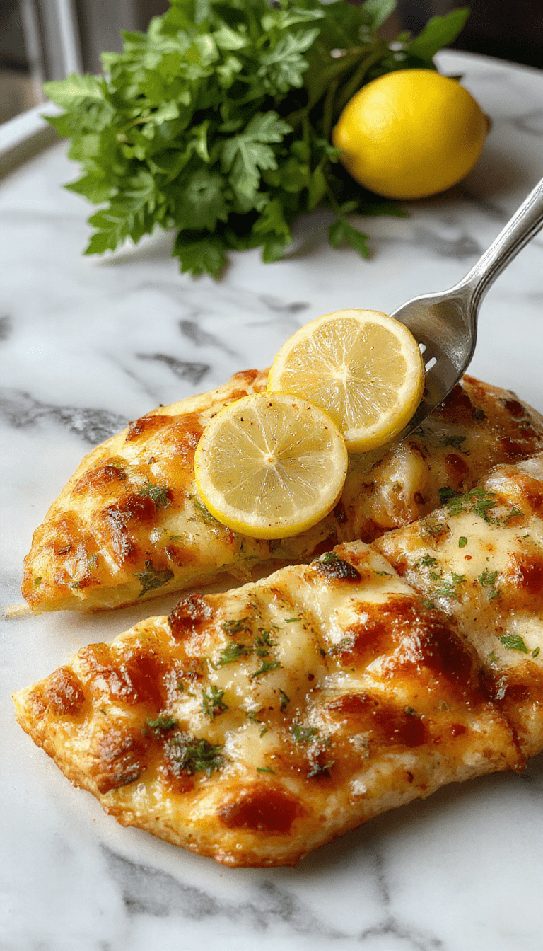 A vibrant lemon pizza with a thin crispy crust topped with bright yellow lemon slices, fresh green herbs, and melting cheese, styled on a rustic wooden board with a sprinkle of herbs around for garnish