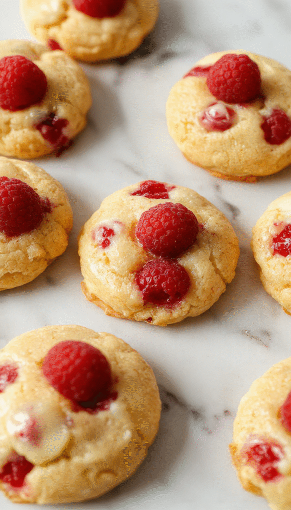A plate of vibrant lemon raspberry cookies with a glossy raspberry glaze and zest sprinkled on top, arranged on a rustic white platter with fresh raspberries and lemon slices around, bathed in natural sunlight highlighting their golden edges and fruity toppings.