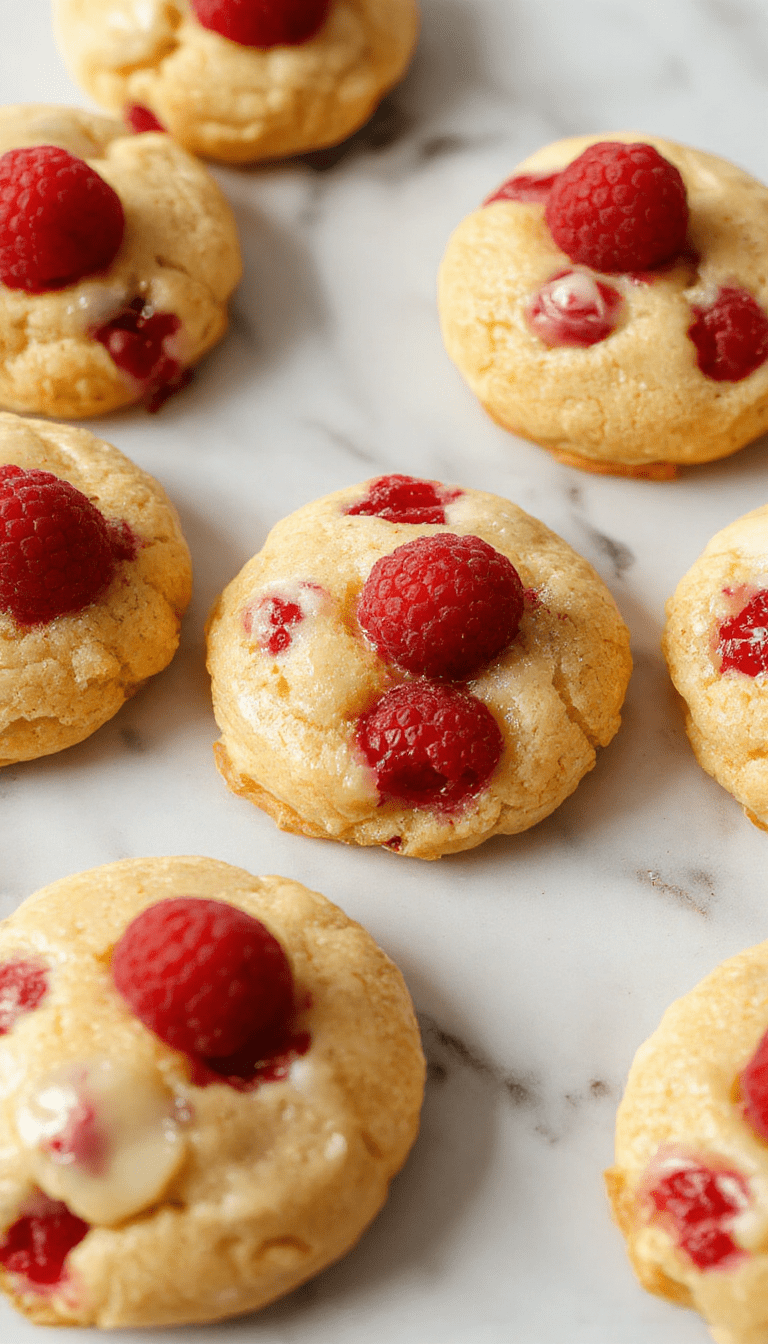 A plate of vibrant lemon raspberry cookies with a glossy raspberry glaze and zest sprinkled on top, arranged on a rustic white platter with fresh raspberries and lemon slices around, bathed in natural sunlight highlighting their golden edges and fruity toppings.