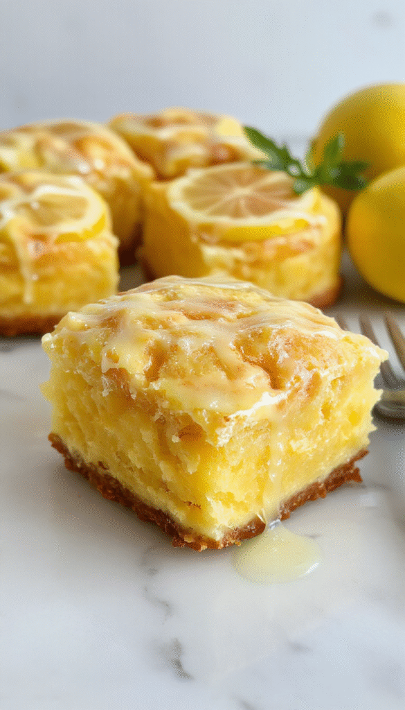 A vibrant lemon sponge pie with a golden crust, topped with a generous layer of whipped cream and lemon zest, sliced to reveal its fluffy, citrus-infused interior, presented on a rustic wooden table with bright natural lighting.