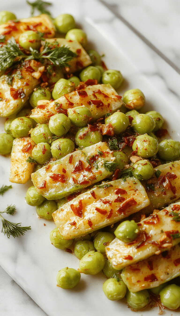 A vibrant plate featuring bright green peas coated in a glossy, seasoned butter sauce, garnished with fresh herbs, presented on a rustic white ceramic plate with a sprig of thyme for garnish, set atop a wooden table with warm natural lighting highlighting the textures and colors