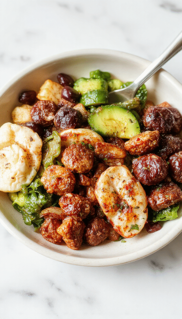 Colorful assortment of various high-fiber and high-protein dishes plated beautifully, showcasing textured grains, vibrant vegetables, and lean proteins, styled on a rustic wooden table with natural lighting emphasizing freshness and nutritional richness.