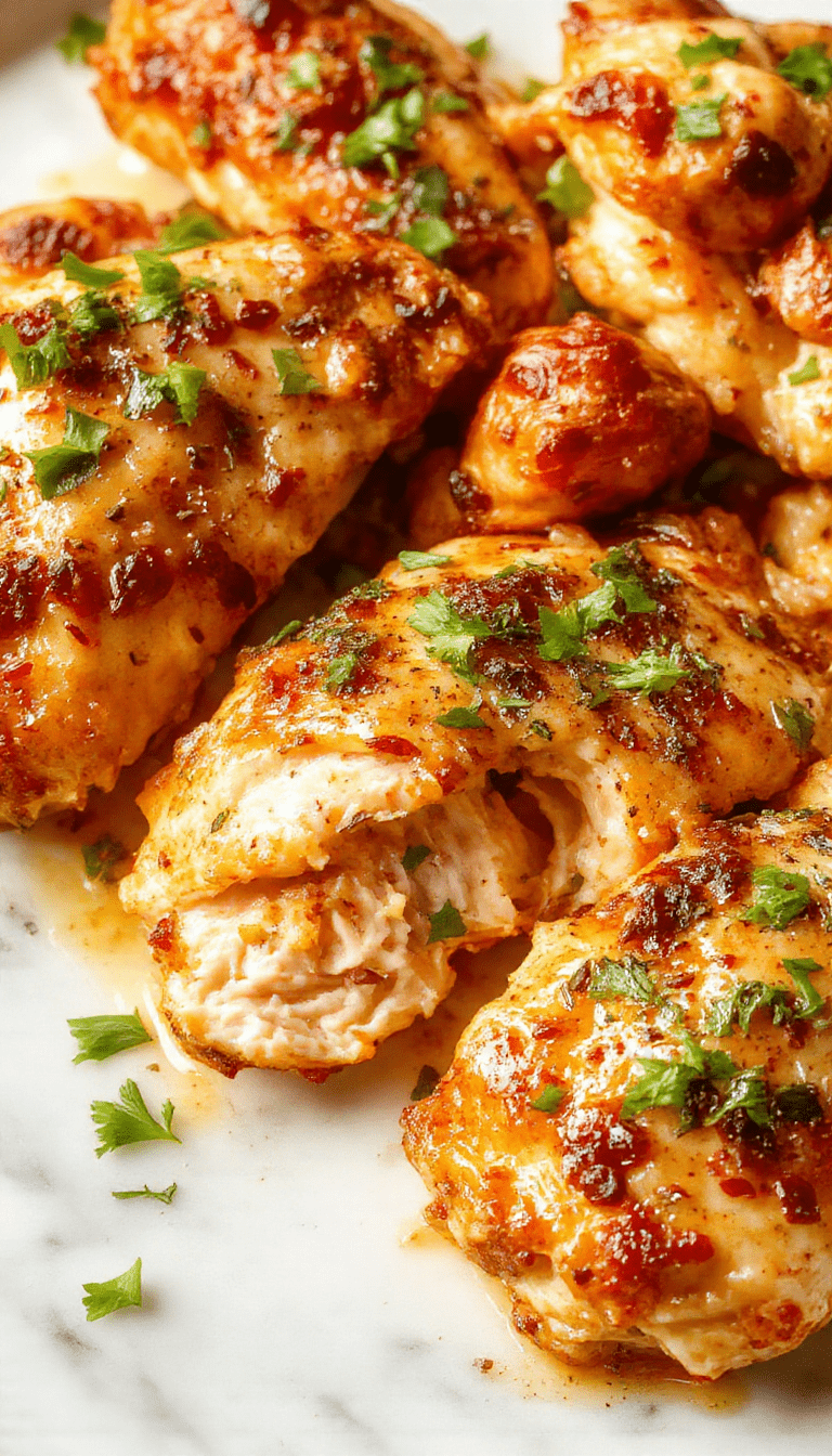 A close-up view of a sizzling plate of Alice Springs Chicken featuring golden-brown grilled chicken breasts topped with crispy bacon, melted cheese, and chopped green onions, served with a side of fresh salad. The vibrant colors of the chicken, bacon, and garnishes contrast beautifully on a rustic wooden platter, creating a mouthwatering and inviting presentation.