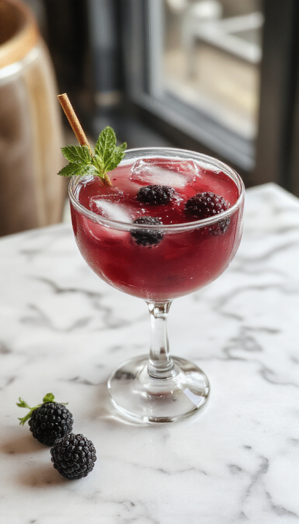 A vibrant Blackberry Rum Cocktail The Raven served in a tall glass, garnished with fresh blackberries and a sprig of mint. The deep purple drink contrasts with the bright garnishes, with condensation on the glass indicating a refreshing chill, set against a dark background with a stylish straw.