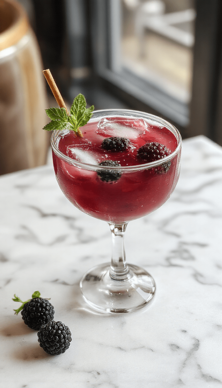 A vibrant Blackberry Rum Cocktail The Raven served in a tall glass, garnished with fresh blackberries and a sprig of mint. The deep purple drink contrasts with the bright garnishes, with condensation on the glass indicating a refreshing chill, set against a dark background with a stylish straw.
